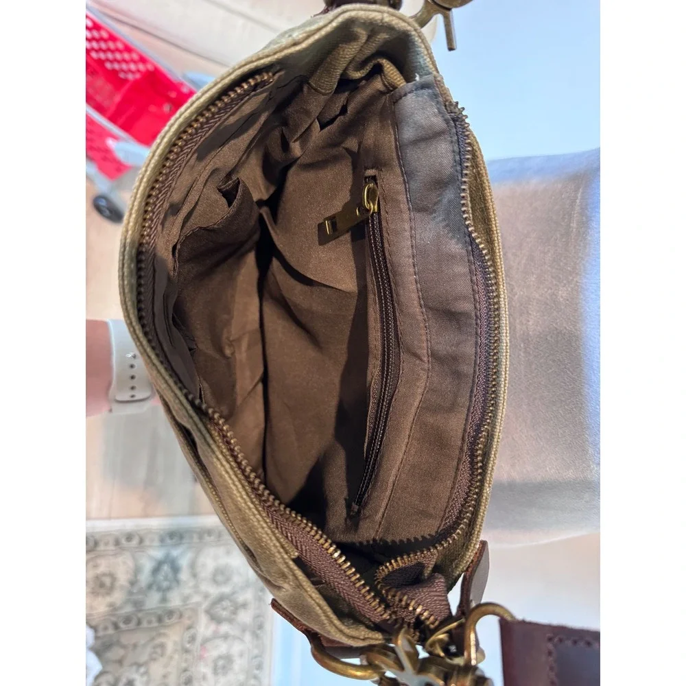 Ducks Unlimited Waxed Canvas Messenger Crossbody Bag Olive Green Brown Hunting